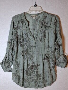 Vintage America Blues Boho Floral Tunic Top Sage Green Crochet Accent SZ S